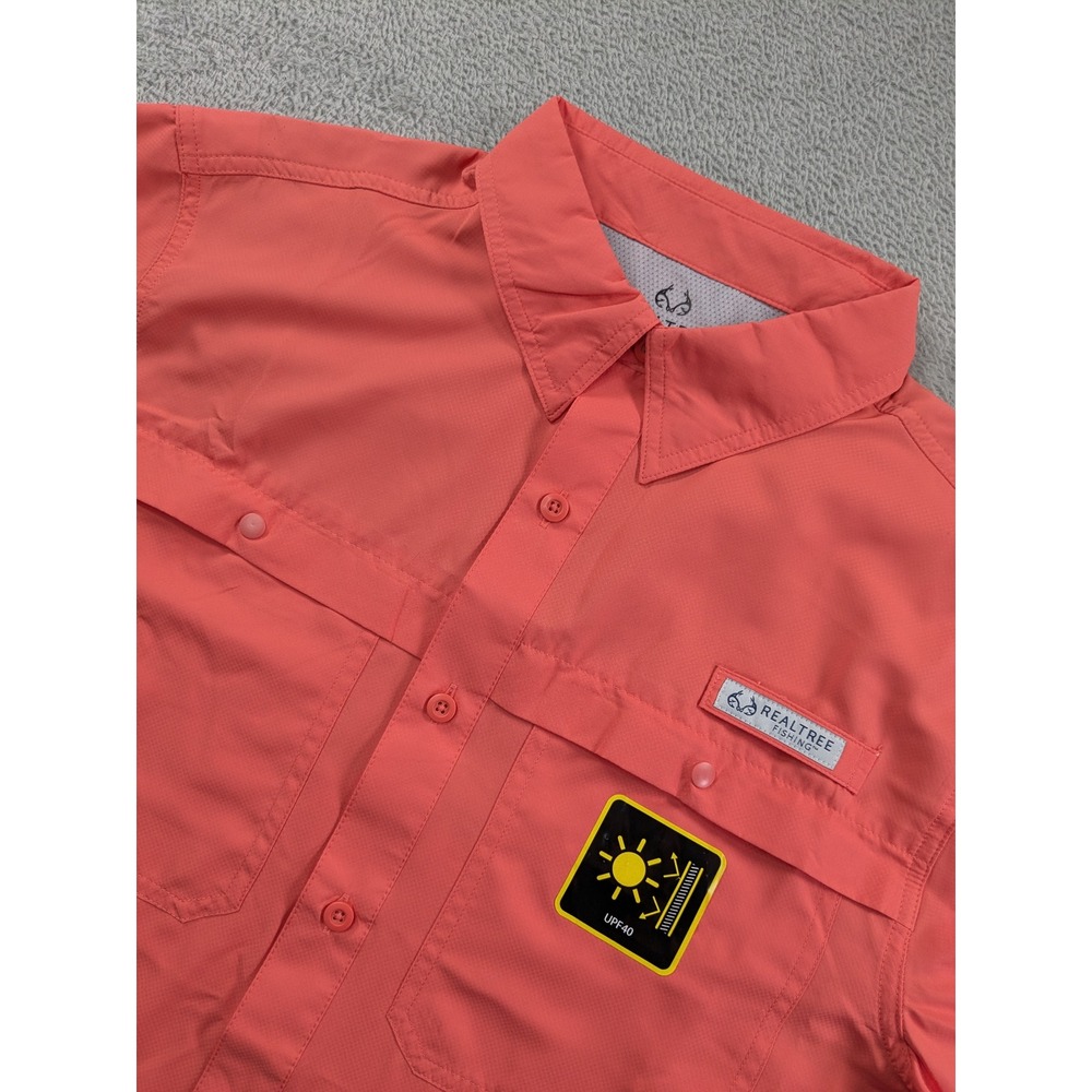 Realtree Fishing Mens S/S Fishing Guide Shirt Coral Pink UPF 40 Ripstop Medium
